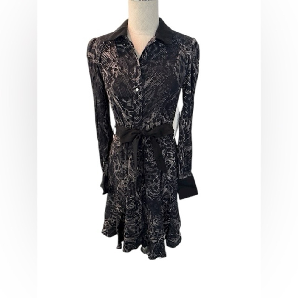 Black Printed Long-Sleeve Tie-Waist Mini Dress